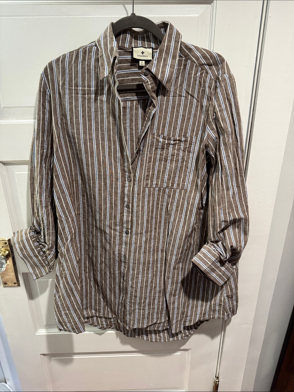 Tuckernuck Brown and White Striped Button-Down Shirt Dresd